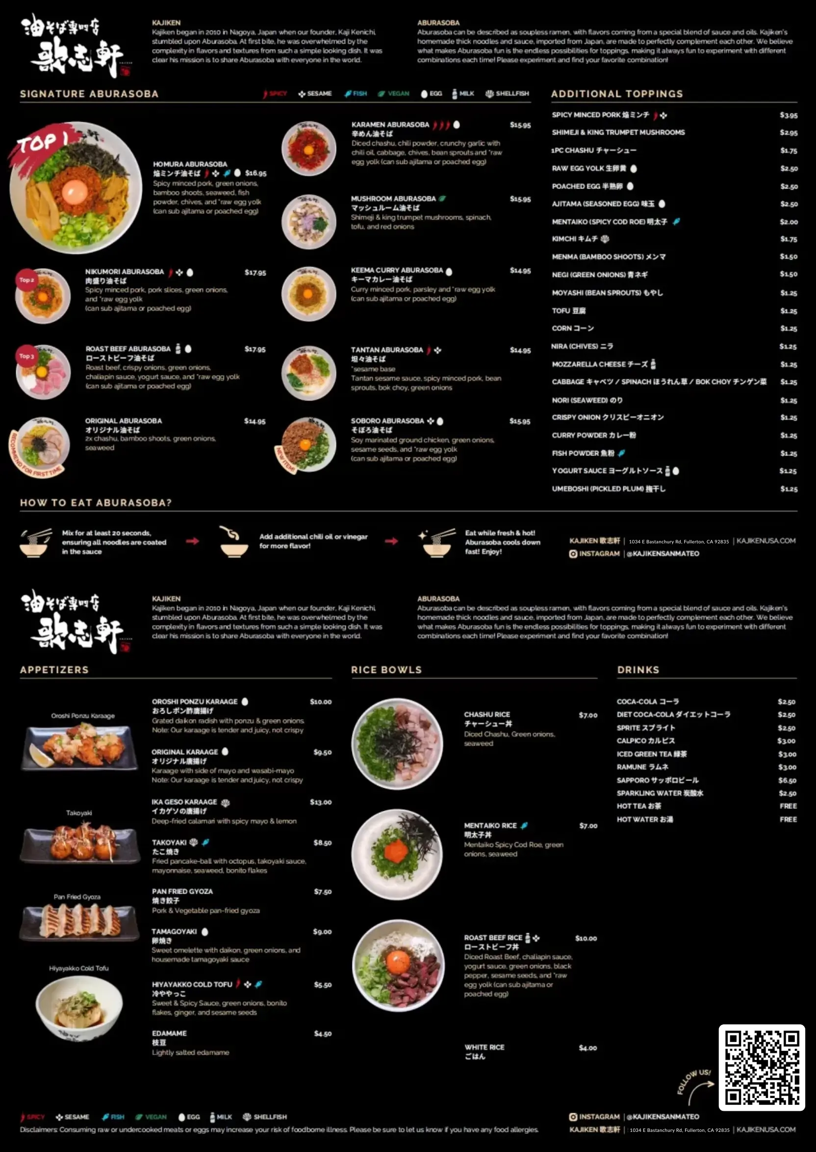 Menu at Kajiken-Fullerton, a Japanese Aburasoba Restaurant in Fullerton