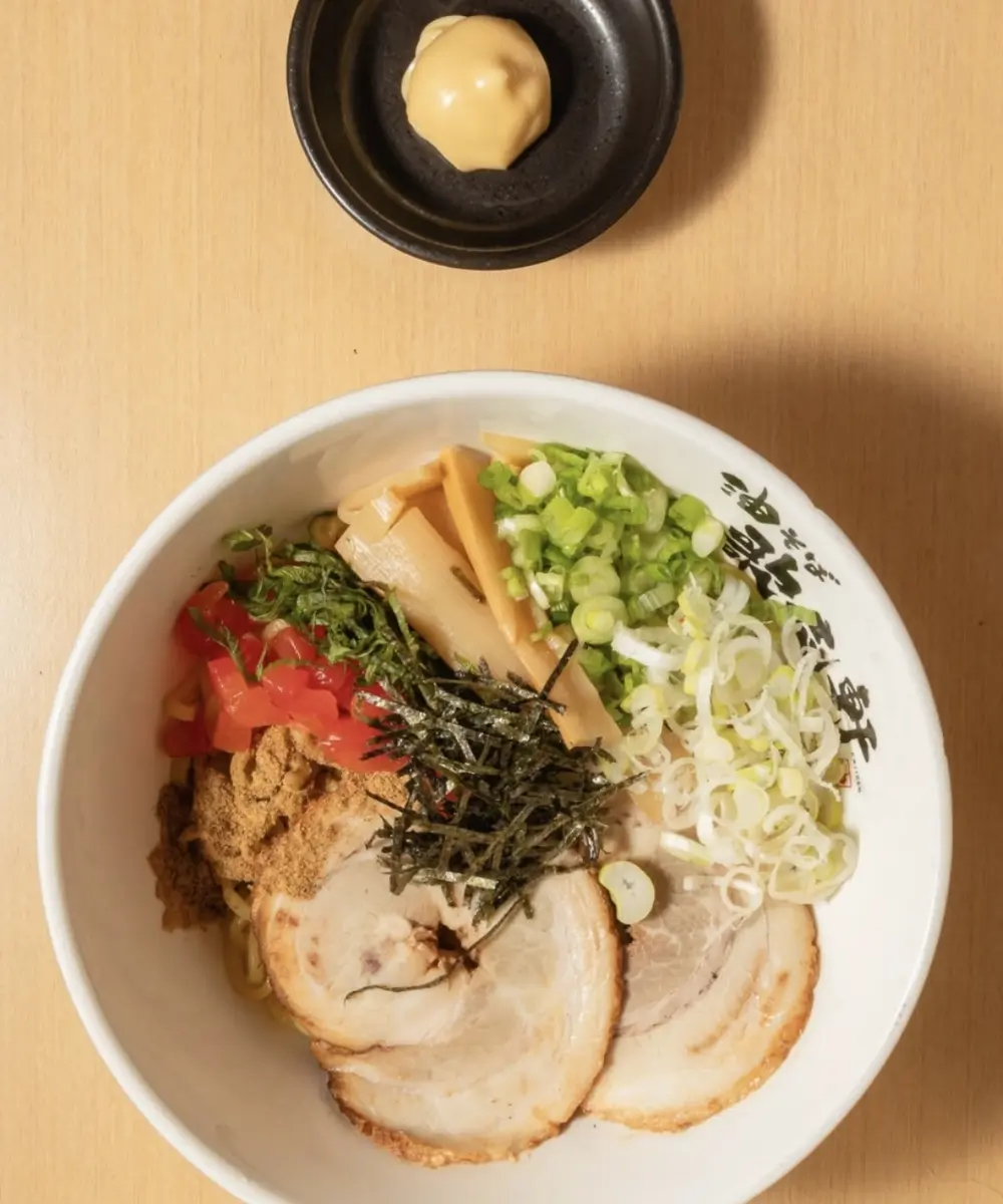 Aburasoba bowl topped with chasu, negi and nori at Kajiken-Fullerton, a Japanese Aburasoba Restaurant in Fullerton