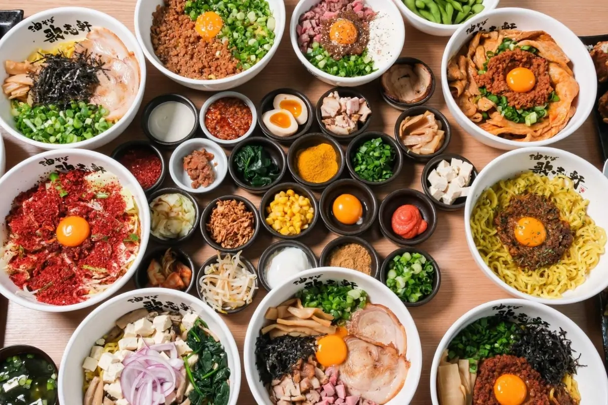 Aburasoba bowls with various toppings at Kajiken-Fullerton, a Japanese Aburasoba Restaurant in Fullerton